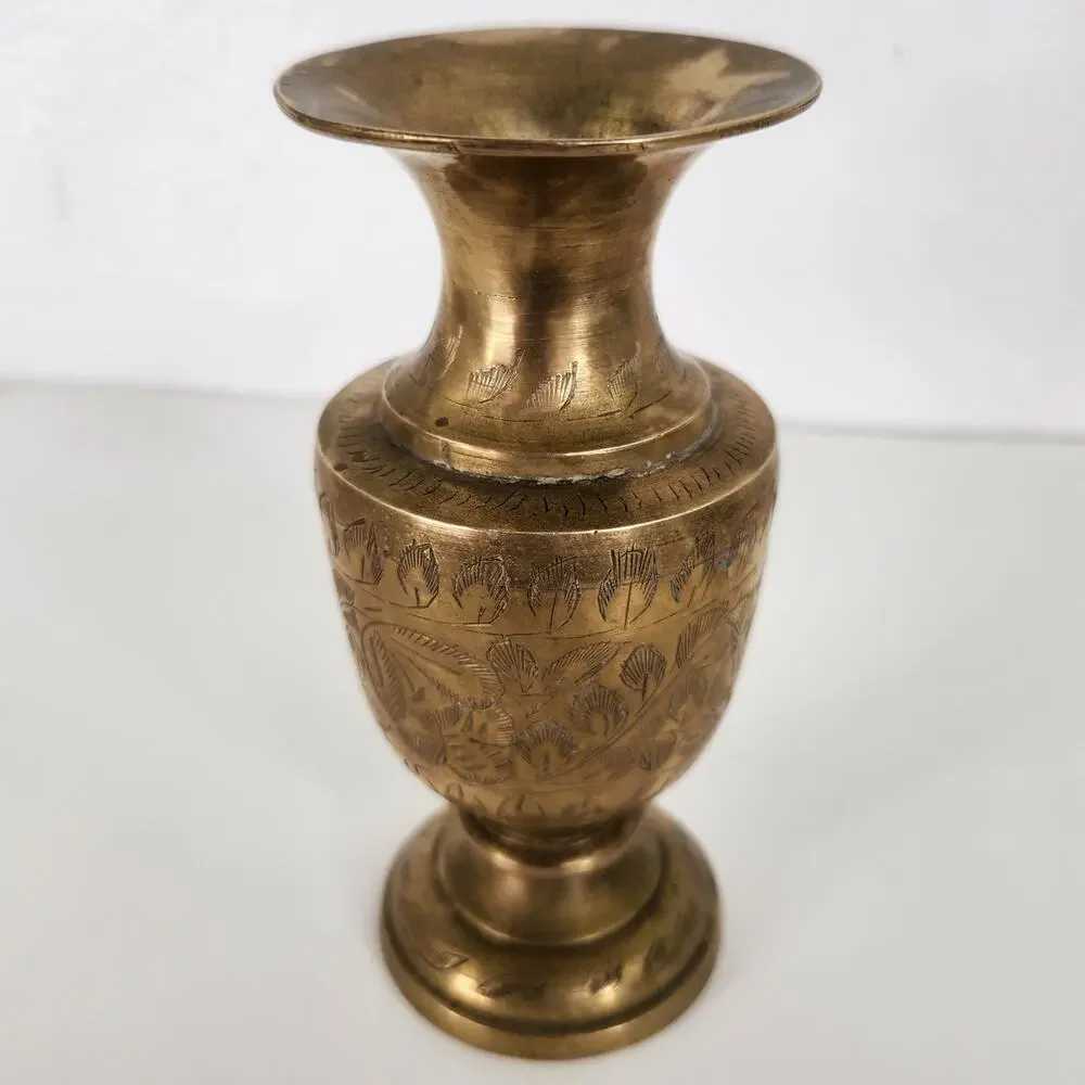 VTG Etched Brass Bud Vase Floral Design Made in India Boho Mediterranean